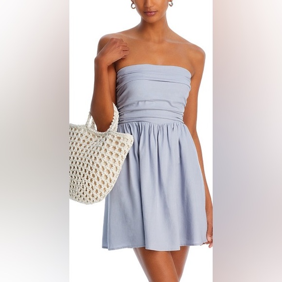 Aqua Strapless Mini Dress Linen Blend Large - Picture 1 of 13